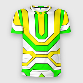 Мужская футболка 3D Slim с принтом Зелёные и жёлтые техно линии в Екатеринбурге, 100% полиэстер с улучшенными характеристиками | приталенный силуэт, круглая горловина, широкие плечи, сужается к линии бедра | 