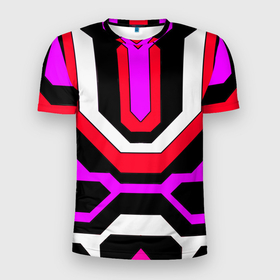 Мужская футболка 3D Slim с принтом Красные и розовые техно линии в Екатеринбурге, 100% полиэстер с улучшенными характеристиками | приталенный силуэт, круглая горловина, широкие плечи, сужается к линии бедра | 