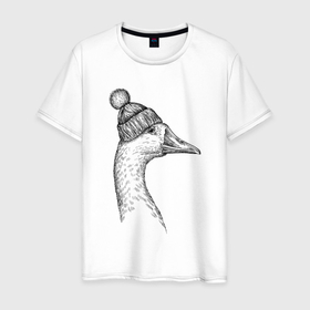 Мужская футболка хлопок с принтом Утка в шапке с помпоном в Новосибирске, 100% хлопок | прямой крой, круглый вырез горловины, длина до линии бедер, слегка спущенное плечо. | Тематика изображения на принте: 