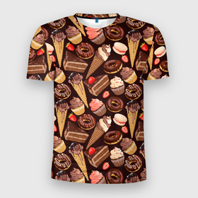 Мужская футболка 3D Slim с принтом Шоколадные сладости в Новосибирске, 100% полиэстер с улучшенными характеристиками | приталенный силуэт, круглая горловина, широкие плечи, сужается к линии бедра | 