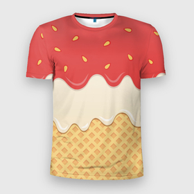 Мужская футболка 3D Slim с принтом Клубничное мороженое в Тюмени, 100% полиэстер с улучшенными характеристиками | приталенный силуэт, круглая горловина, широкие плечи, сужается к линии бедра | Тематика изображения на принте: 