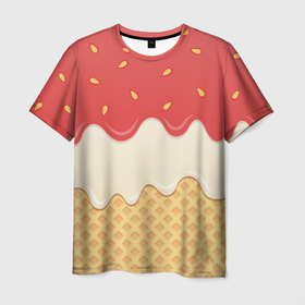 Мужская футболка 3D с принтом Клубничное мороженое в Белгороде, 100% полиэфир | прямой крой, круглый вырез горловины, длина до линии бедер | 