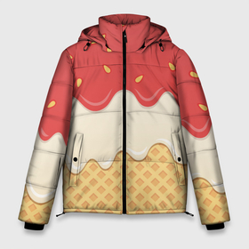 Мужская зимняя куртка 3D с принтом Клубничное мороженое в Тюмени, верх — 100% полиэстер; подкладка — 100% полиэстер; утеплитель — 100% полиэстер | длина ниже бедра, свободный силуэт Оверсайз. Есть воротник-стойка, отстегивающийся капюшон и ветрозащитная планка. 

Боковые карманы с листочкой на кнопках и внутренний карман на молнии. | Тематика изображения на принте: 