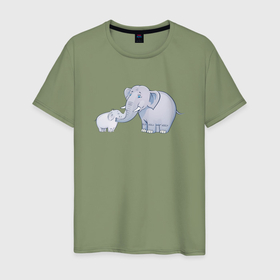 Мужская футболка хлопок с принтом Слониха со слоненком в Екатеринбурге, 100% хлопок | прямой крой, круглый вырез горловины, длина до линии бедер, слегка спущенное плечо. | 