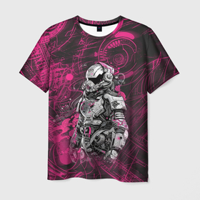 Мужская футболка 3D с принтом Астронавт в розовых узорах , 100% полиэфир | прямой крой, круглый вырез горловины, длина до линии бедер | 