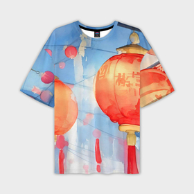 Мужская футболка oversize 3D с принтом Китайские новогодние фонарики в Кировске,  |  | Тематика изображения на принте: 