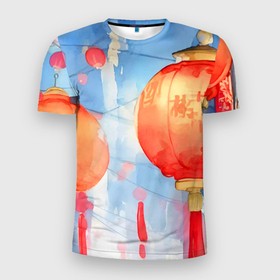 Мужская футболка 3D Slim с принтом Китайские новогодние фонарики в Кировске, 100% полиэстер с улучшенными характеристиками | приталенный силуэт, круглая горловина, широкие плечи, сужается к линии бедра | Тематика изображения на принте: 