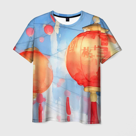 Мужская футболка 3D с принтом Китайские новогодние фонарики в Белгороде, 100% полиэфир | прямой крой, круглый вырез горловины, длина до линии бедер | 