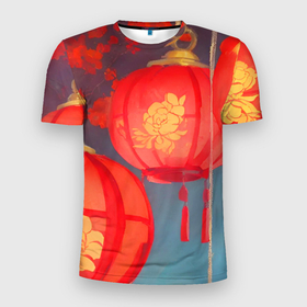 Мужская футболка 3D Slim с принтом Яркий китайский новый год в Екатеринбурге, 100% полиэстер с улучшенными характеристиками | приталенный силуэт, круглая горловина, широкие плечи, сужается к линии бедра | 
