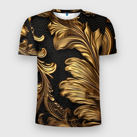 Мужская футболка 3D Slim с принтом Золотые листья винтажные лепнина в Кировске, 100% полиэстер с улучшенными характеристиками | приталенный силуэт, круглая горловина, широкие плечи, сужается к линии бедра | 