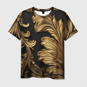 Мужская футболка 3D с принтом Золотые листья винтажные лепнина в Екатеринбурге, 100% полиэфир | прямой крой, круглый вырез горловины, длина до линии бедер | 