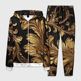 Мужской костюм 3D с принтом Золотые листья винтажные лепнина в Санкт-Петербурге, 100% полиэстер | Манжеты и пояс оформлены тканевой резинкой, двухслойный капюшон со шнурком для регулировки, карманы спереди | 
