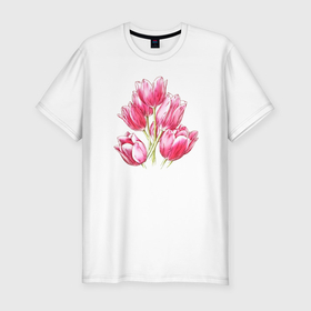 Мужская футболка хлопок Slim с принтом Тюльпаны розовые в Петрозаводске, 92% хлопок, 8% лайкра | приталенный силуэт, круглый вырез ворота, длина до линии бедра, короткий рукав | Тематика изображения на принте: 