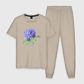 Мужская пижама хлопок с принтом Гортензия синяя в Тюмени, 100% хлопок | брюки и футболка прямого кроя, без карманов, на брюках мягкая резинка на поясе и по низу штанин
 | 