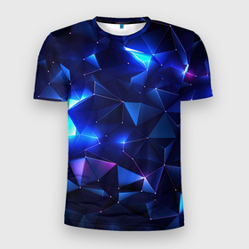 Мужская футболка 3D Slim с принтом Синие яркие мелкие осколки калейдоскоп в Екатеринбурге, 100% полиэстер с улучшенными характеристиками | приталенный силуэт, круглая горловина, широкие плечи, сужается к линии бедра | Тематика изображения на принте: 