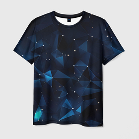 Мужская футболка 3D с принтом Синие осколки из мелких абстрактных частиц  калейдоскоп в Петрозаводске, 100% полиэфир | прямой крой, круглый вырез горловины, длина до линии бедер | 