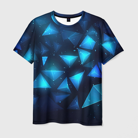 Мужская футболка 3D с принтом Синие осколки из мелких абстрактных  частиц  калейдоскоп в Екатеринбурге, 100% полиэфир | прямой крой, круглый вырез горловины, длина до линии бедер | 