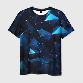 Мужская футболка 3D с принтом Синие осколки  из  мелких  абстрактных  частиц  калейдоскоп , 100% полиэфир | прямой крой, круглый вырез горловины, длина до линии бедер | 