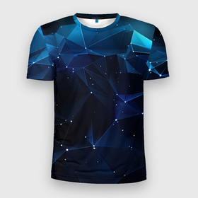 Мужская футболка 3D Slim с принтом Синие осколки из мелких абстрактных частиц в стиле калейдоскопа в Курске, 100% полиэстер с улучшенными характеристиками | приталенный силуэт, круглая горловина, широкие плечи, сужается к линии бедра | 