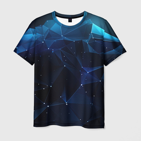Мужская футболка 3D с принтом Синие осколки из мелких абстрактных частиц в стиле калейдоскопа в Санкт-Петербурге, 100% полиэфир | прямой крой, круглый вырез горловины, длина до линии бедер | Тематика изображения на принте: 