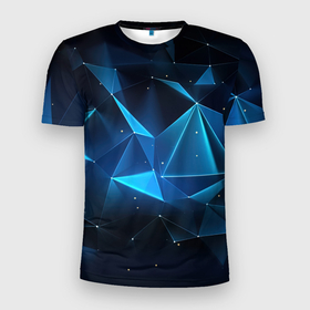Мужская футболка 3D Slim с принтом Синие осколки из мелких абстрактных  частиц в стиле калейдоскопа в Санкт-Петербурге, 100% полиэстер с улучшенными характеристиками | приталенный силуэт, круглая горловина, широкие плечи, сужается к линии бедра | 