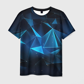 Мужская футболка 3D с принтом Синие осколки из мелких абстрактных  частиц в стиле калейдоскопа в Санкт-Петербурге, 100% полиэфир | прямой крой, круглый вырез горловины, длина до линии бедер | 