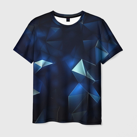 Мужская футболка 3D с принтом Синие осколки из мелких абстрактных  частиц в стиле  калейдоскопа в Петрозаводске, 100% полиэфир | прямой крой, круглый вырез горловины, длина до линии бедер | 