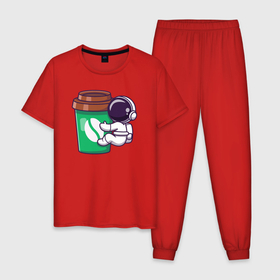 Мужская пижама хлопок с принтом Кофейный космонавт в Санкт-Петербурге, 100% хлопок | брюки и футболка прямого кроя, без карманов, на брюках мягкая резинка на поясе и по низу штанин
 | 