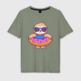 Мужская футболка хлопок Oversize с принтом Пончик и ленивец в Тюмени, 100% хлопок | свободный крой, круглый ворот, “спинка” длиннее передней части | 