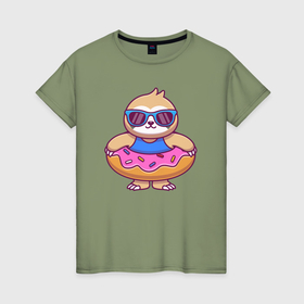 Женская футболка хлопок с принтом Пончик и ленивец в Екатеринбурге, 100% хлопок | прямой крой, круглый вырез горловины, длина до линии бедер, слегка спущенное плечо | 
