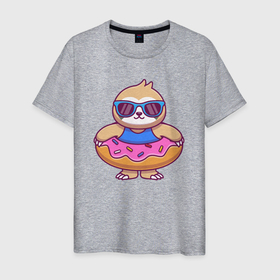 Мужская футболка хлопок с принтом Пончик и ленивец в Белгороде, 100% хлопок | прямой крой, круглый вырез горловины, длина до линии бедер, слегка спущенное плечо. | 