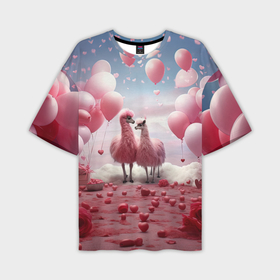 Мужская футболка oversize 3D с принтом Розовые влюбленные ламы в Петрозаводске,  |  | Тематика изображения на принте: 