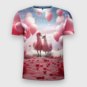 Мужская футболка 3D Slim с принтом Розовые влюбленные ламы в Петрозаводске, 100% полиэстер с улучшенными характеристиками | приталенный силуэт, круглая горловина, широкие плечи, сужается к линии бедра | Тематика изображения на принте: 