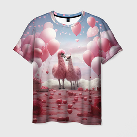 Мужская футболка 3D с принтом Розовые влюбленные ламы в Петрозаводске, 100% полиэфир | прямой крой, круглый вырез горловины, длина до линии бедер | Тематика изображения на принте: 