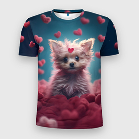 Мужская футболка 3D Slim с принтом Милый щенок в сердечках в Екатеринбурге, 100% полиэстер с улучшенными характеристиками | приталенный силуэт, круглая горловина, широкие плечи, сужается к линии бедра | 
