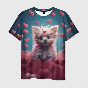 Мужская футболка 3D с принтом Милый щенок в сердечках в Екатеринбурге, 100% полиэфир | прямой крой, круглый вырез горловины, длина до линии бедер | 