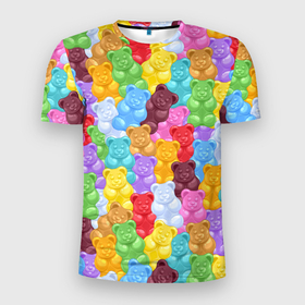 Мужская футболка 3D Slim с принтом Разноцветные мишки в Курске, 100% полиэстер с улучшенными характеристиками | приталенный силуэт, круглая горловина, широкие плечи, сужается к линии бедра | 