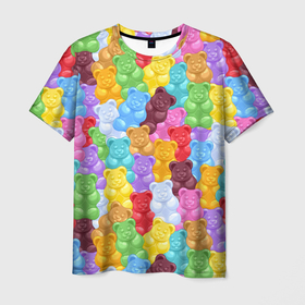 Мужская футболка 3D с принтом Разноцветные мишки в Тюмени, 100% полиэфир | прямой крой, круглый вырез горловины, длина до линии бедер | 