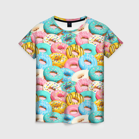 Женская футболка 3D с принтом Глазурные пончики , 100% полиэфир ( синтетическое хлопкоподобное полотно) | прямой крой, круглый вырез горловины, длина до линии бедер | 