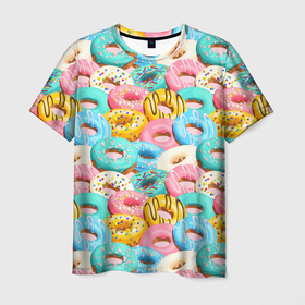 Мужская футболка 3D с принтом Глазурные пончики , 100% полиэфир | прямой крой, круглый вырез горловины, длина до линии бедер | 