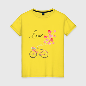 Женская футболка хлопок с принтом Велосипед с сердечками и цветами в Рязани, 100% хлопок | прямой крой, круглый вырез горловины, длина до линии бедер, слегка спущенное плечо | 