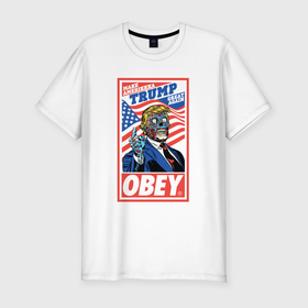 Мужская футболка хлопок Slim с принтом Trump obey в Белгороде, 92% хлопок, 8% лайкра | приталенный силуэт, круглый вырез ворота, длина до линии бедра, короткий рукав | 