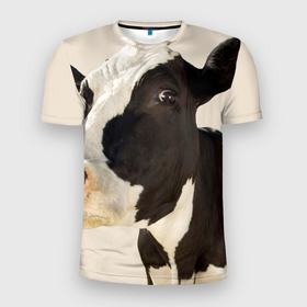 Мужская футболка 3D Slim с принтом Настоящая корова в Тюмени, 100% полиэстер с улучшенными характеристиками | приталенный силуэт, круглая горловина, широкие плечи, сужается к линии бедра | Тематика изображения на принте: 