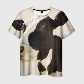 Мужская футболка 3D с принтом Настоящая корова , 100% полиэфир | прямой крой, круглый вырез горловины, длина до линии бедер | 