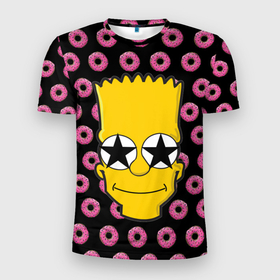Мужская футболка 3D Slim с принтом Барт Симпсон на фоне пончиков в Екатеринбурге, 100% полиэстер с улучшенными характеристиками | приталенный силуэт, круглая горловина, широкие плечи, сужается к линии бедра | Тематика изображения на принте: 