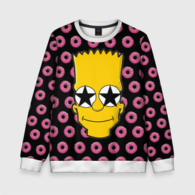 Детский свитшот 3D с принтом Барт Симпсон на фоне пончиков в Тюмени, 100% полиэстер | свободная посадка, прямой крой, мягкая тканевая резинка на рукавах и понизу свитшота | Тематика изображения на принте: 
