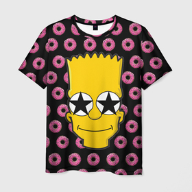 Мужская футболка 3D с принтом Барт Симпсон на фоне пончиков в Екатеринбурге, 100% полиэфир | прямой крой, круглый вырез горловины, длина до линии бедер | Тематика изображения на принте: 