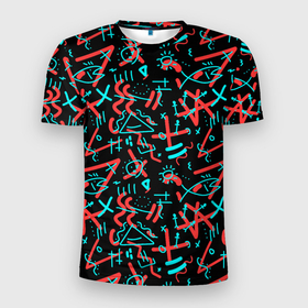 Мужская футболка 3D Slim с принтом Цветные геометрические каракули в Курске, 100% полиэстер с улучшенными характеристиками | приталенный силуэт, круглая горловина, широкие плечи, сужается к линии бедра | 