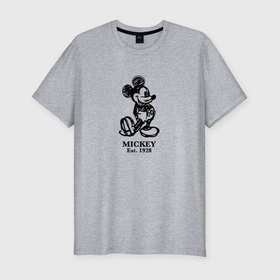 Мужская футболка хлопок Slim с принтом Mickey classic: origin 1928 в Курске, 92% хлопок, 8% лайкра | приталенный силуэт, круглый вырез ворота, длина до линии бедра, короткий рукав | 