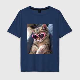 Мужская футболка хлопок Oversize с принтом Милый мем кот в очках в стиле аниме в Тюмени, 100% хлопок | свободный крой, круглый ворот, “спинка” длиннее передней части | 